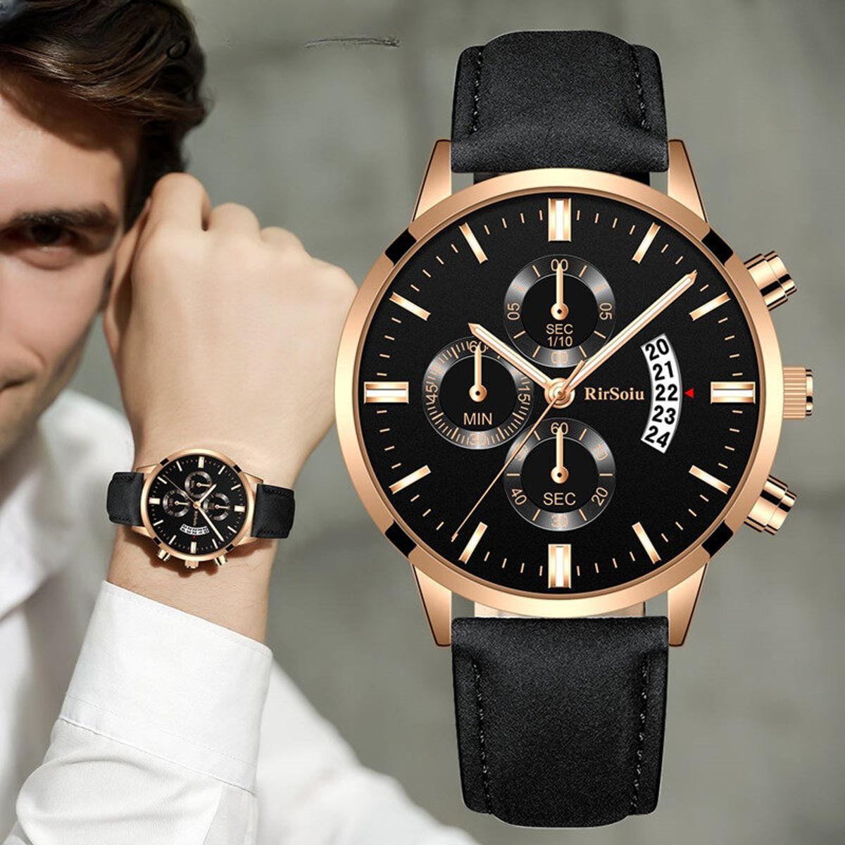 Men Luxury Leather Strap Watches Quartz Stainless Steel Dial Casual Watch
