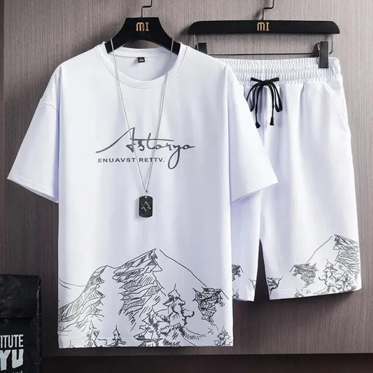 White Mountains Digital Printed Summer Tshirt and Short Tracksuit for mens