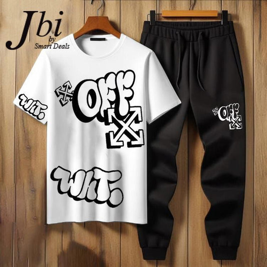 Off White Printed Sylish Graphics Printed Track Suit Half Sleeves.
