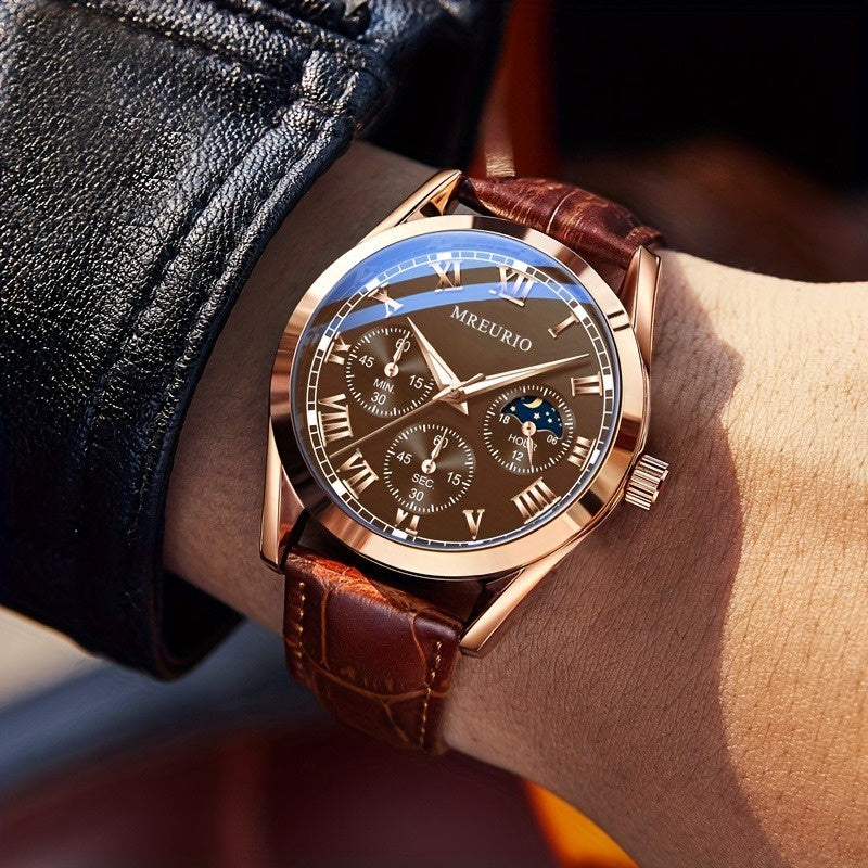 Men Luxury Leather Strap Watches Quartz Stainless Steel Dial Casual Watch