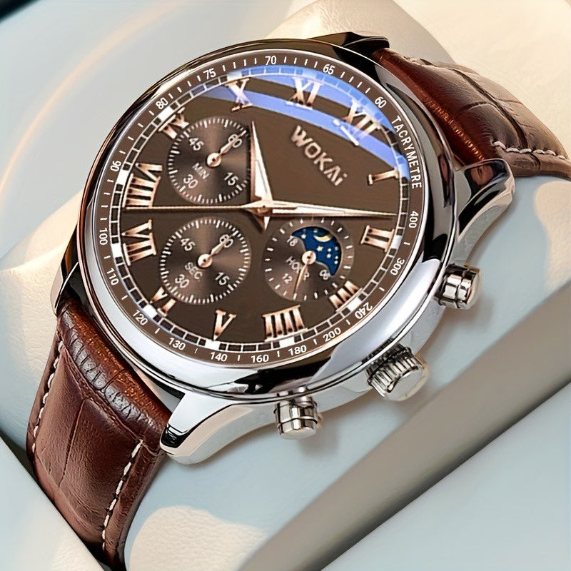 Men Luxury Leather Strap Watches Quartz Stainless Steel Dial Casual Watch